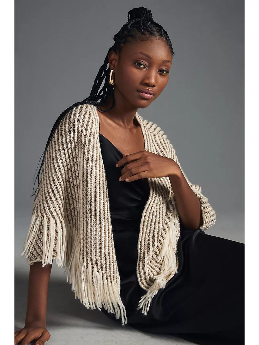 By Anthropologie Metallic Fringe Cardigan Sweater Poncho Shrug Wrap Ivory OS